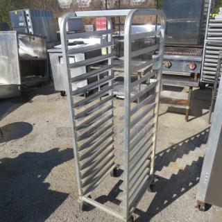 Regency aluminum speed rack on casters, model 109APR1820L, measures 20.5"x26"x69". Holds multiple trays, used condition.