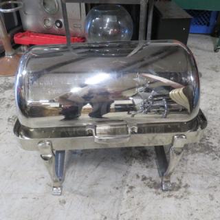 Stainless steel rolltop chafer, heavy duty, full size, polished finish, sturdy legs, excellent condition.