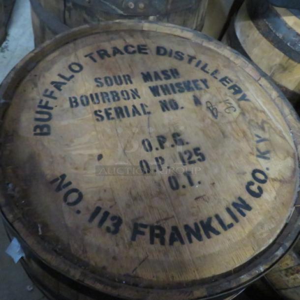 Buffalo Trace Whiskey Barrel with visible markings; "Buffalo Trace Distillery," "Sour Mash Bourbon Whiskey," and serial number.