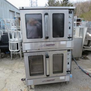 Southbend B-Series double stack electric convection oven, 208/240V, working condition, 38x35x65 inches, stainless steel exterior.