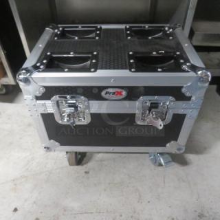 Pro-X BLITZZ FX Dual Cold Spark Machines in aluminum flight case on casters, ideal for indoor/outdoor events.