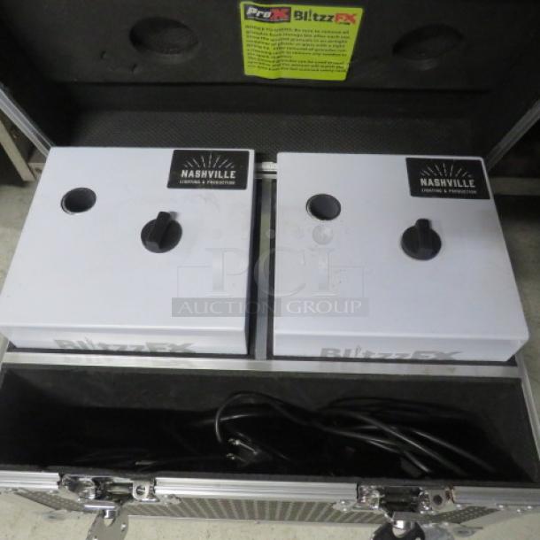Dual Pro-X Blitzz FX cold spark machines with aluminum covers in a flight case on casters, labeled for Nashville.
