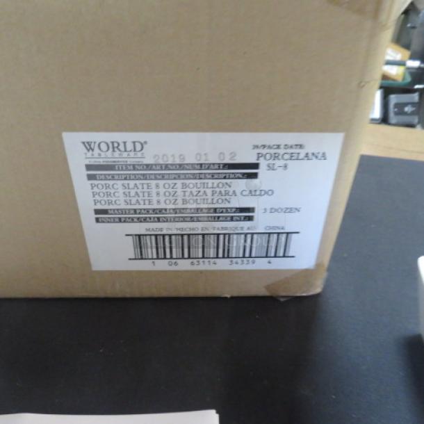 Box of NEW World 8oz Boullion/Salsa Cups, Model SL-8. Contains 3 dozen cups, labeled "Porcelana," made in China.