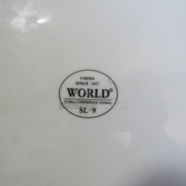 9-inch square WORLD dinner plate, model SL-9. Features maker's mark, "WORLD," "China Since 1847." Pristine condition.