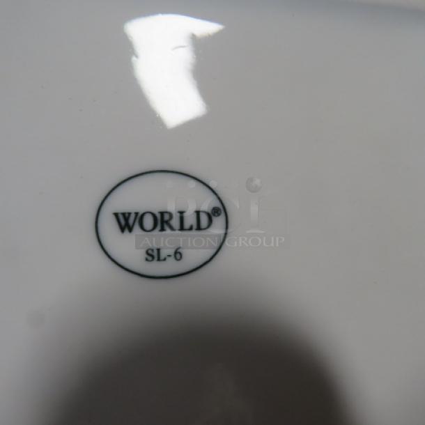 6-inch square WORLD plate, model SL-6. Features brand marking on surface. Ideal for collectors or home use.