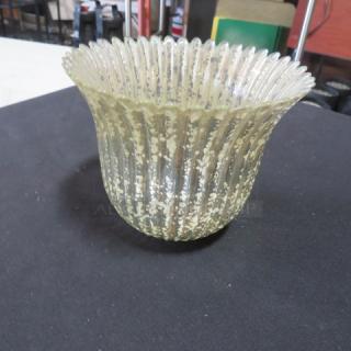 Gold crackle candle holder with ribbed design, gently used, approx. 6" in diameter, reflective gold finish, 4XBID.