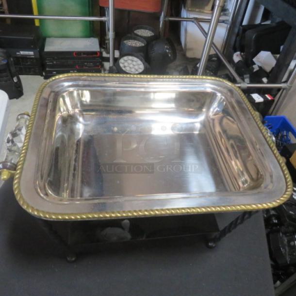 Hammered copper half-size chafer with glass knob and handles, featuring a brass trim and elegant design. Suitable for catering.