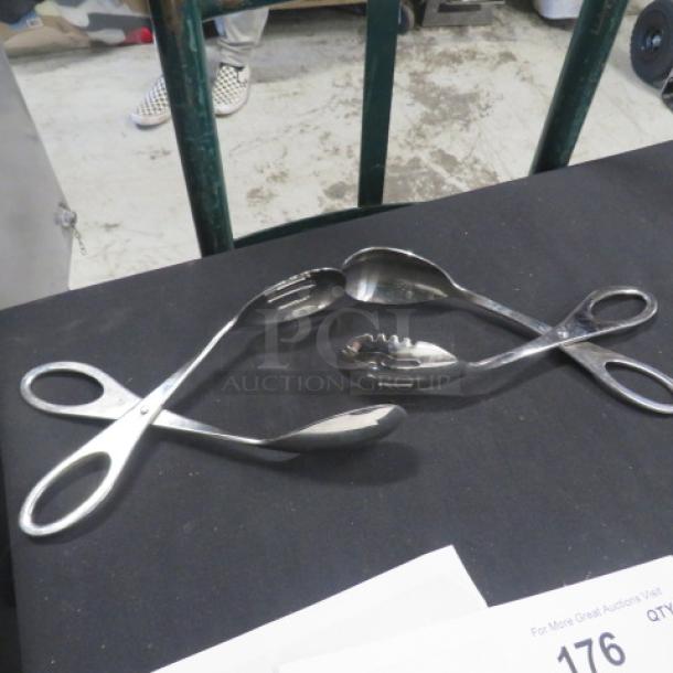 Stainless steel buffet tongs, set of two, scissor design, excellent condition, ideal for serving food.