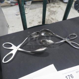 Stainless steel buffet tongs, set of two, scissor design, excellent condition, ideal for serving food.