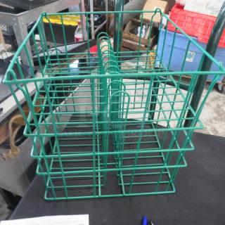 Green wire plate carrier, dimensions 15x15x16 inches, featuring multiple compartments for secure transport. Excellent condition.