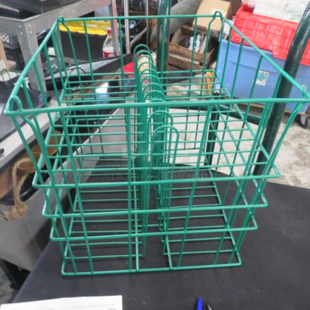 Green wire plate carrier, dimensions 15x15x16, with compartments for organizing. Good condition, sturdy construction.