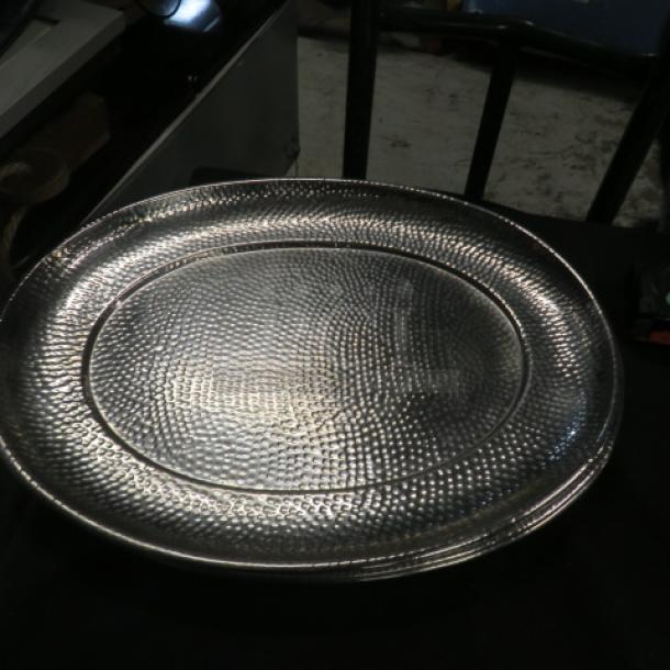 20.5x16 stainless steel hammered platter, oval shape, textured surface, excellent condition.