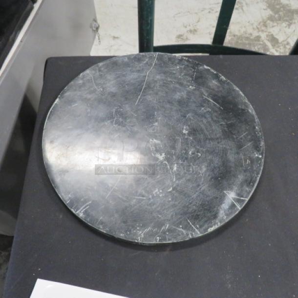 12-inch round marble buffet decor, black with white veining, surface scratches visible. Model: 6XBID.