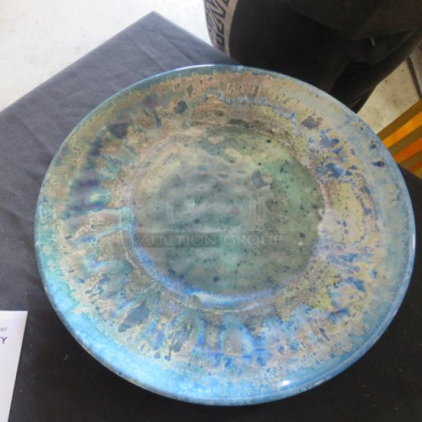14-inch round melamine platter with unique blue-green marbled design, item 5XBID, in excellent condition.