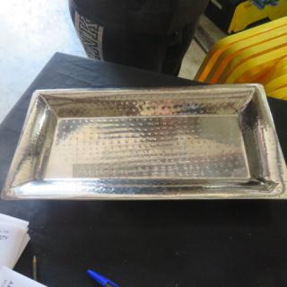 Stainless steel hammered platter, 9x10 inches, rectangular shape, polished finish, excellent condition.
