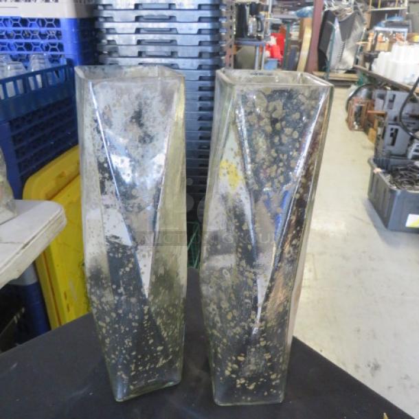 Silver Glass Vase set, rectangular shape, speckled finish, condition appears used. No visible labels or markings.