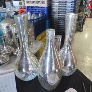 Assorted silver vases, reflective finish, three pieces. Pear-shaped design, excellent condition, suitable for decorative use.