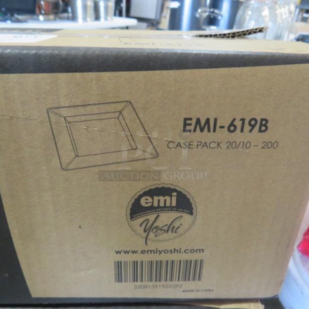 Box of NEW Yoshi 3" square disposable plates, model EMI-619B, 200 count. Packaging shows EMI and Yoshi logos.