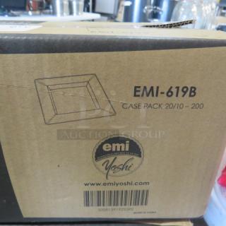 Box of NEW Yoshi 3" square disposable plates, model EMI-619B, 200 count. Packaging shows EMI and Yoshi logos.