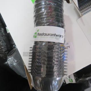 One lot of disposable mini pots with lids, brand Restaurantware, eco-friendly, sealed in plastic wrap, black color.