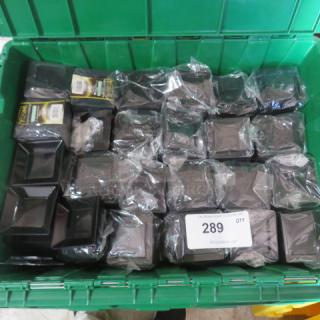 One lot of Yoshi 3-inch square plates, black, factory-sealed in plastic, neatly stacked in a green bin, label shows "289 QTY".