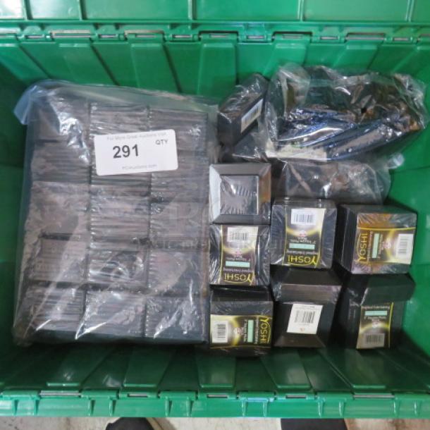 Lot of mini spoons and tasting plates in packaging, labeled "291 QTY", various boxed sets, suitable for events.