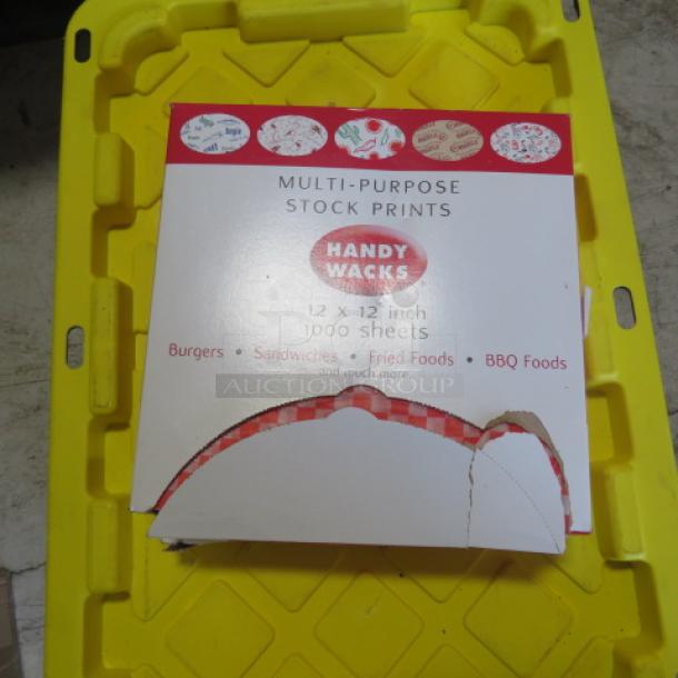 12x12 inch Handy Wacks deli papers, multi-purpose, 1000 sheets, ideal for burgers and sandwiches. Box on yellow crate.