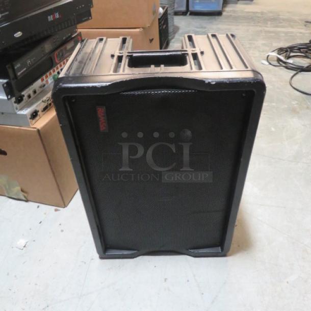 Panasonic Ramsa Speaker WS-A500-K, black, used condition, with visible handle and Ramsa logo on front grille.