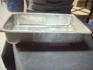 Full-size 4-inch deep hotel pan, stainless steel, visible wear and rust, ideal for catering use.