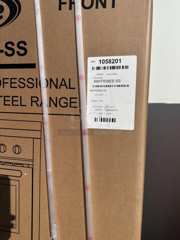 Brand new KoolMore KM-FR36EE-SS electric range in box; 36 in. stainless steel, 4.3 cu. ft., UL certified, never used.