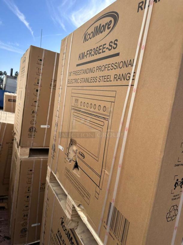 KoolMore KM-FR36EE-SS electric range in box, stainless steel, 36-inch, UL certified, new condition, 4.3 cu. ft. capacity.