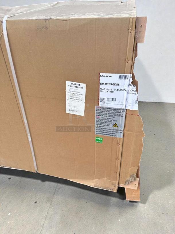Brand new KoolMore KM-RPPS-3DSS 72" Refrigerated Pizza Prep, in packaging, noted as scratch & dent, tags indicate model and specs.