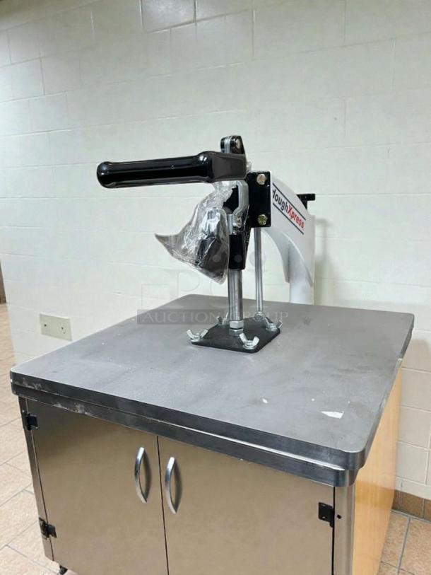 DoughXpress Manual Dough Press, heavy-duty, refined condition, fully tested, mounted on a countertop. Made in USA.