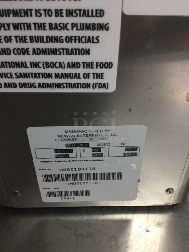 Newco FPM-1 Commercial Coffee Brewer label, showing manufacturer details and model number. Item is fully tested and working.