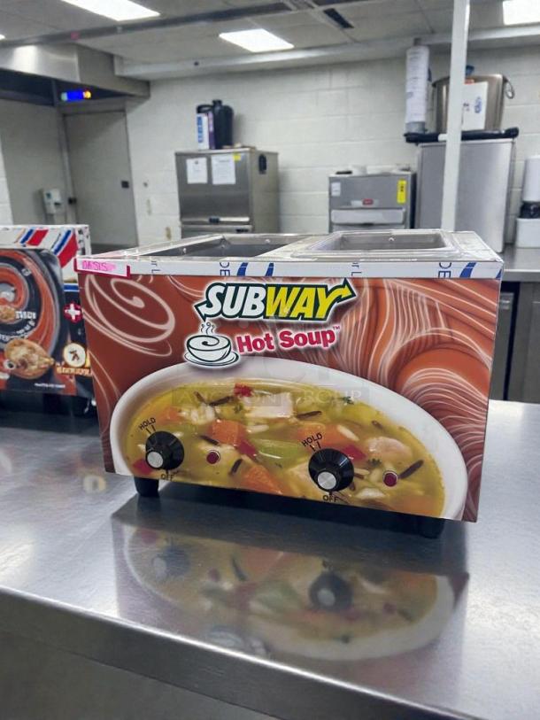 Duke CSW-2-1-AM commercial soup warmer with two wells, Subway branding, controls labeled "HOLD" and "OFF," exceptional condition.