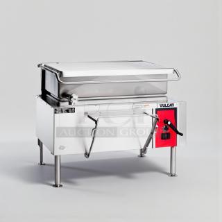 Premium condition Vulcan VE40 electric tilting skillet, 40-gallon, 480V, fully tested and operational, stainless steel finish.
