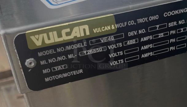 Vulcan VE40 commercial electric tilting skillet, 40-gallon, 480V, premium condition. Vulcan & Wolf Co. label visible.