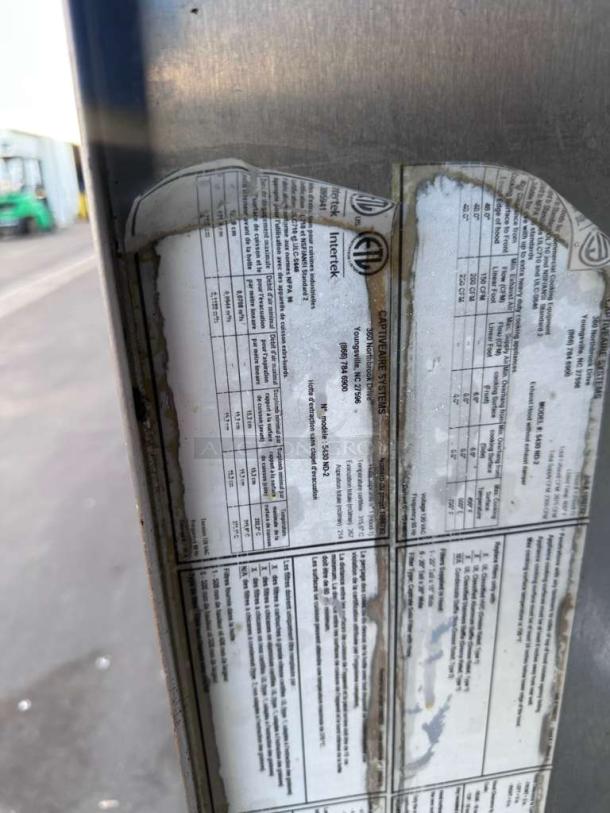 CaptiveAire Commercial Type I Kitchen Exhaust Hood label showing model, specifications, and safety compliance markings.