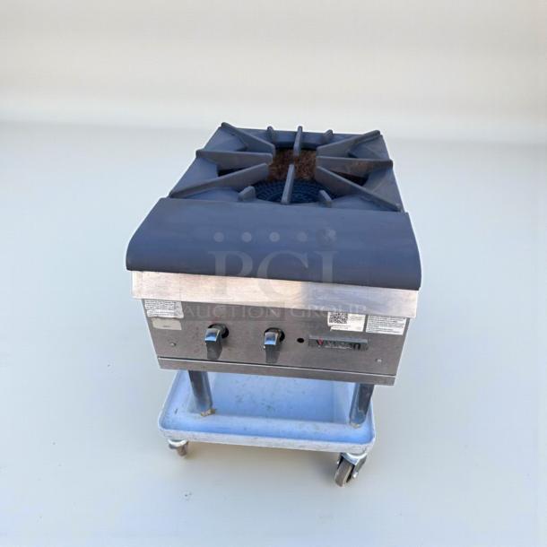 Commercial Grade single burner stock pot range, model SPR-M-STK-0469, in top-tier condition, heavy-duty cast iron.