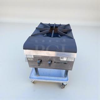 Commercial Grade single burner stock pot range, model SPR-M-STK-0469, in top-tier condition, heavy-duty cast iron.