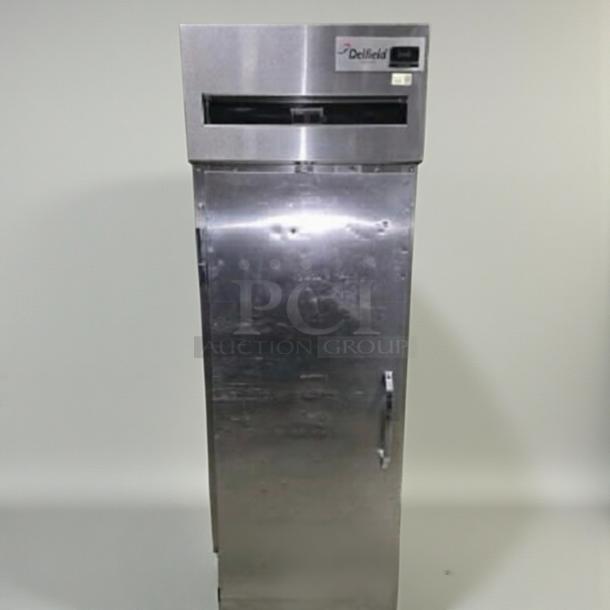 Delfield stainless steel single door reach-in refrigerator, model DLF-L-REF-0472, premium condition, fully tested.