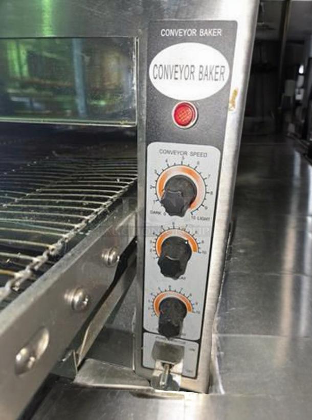 Omcan TS-7000 conveyor baker, superior condition, UL listed, 208V. Features adjustable speed and temperature controls, fully tested.