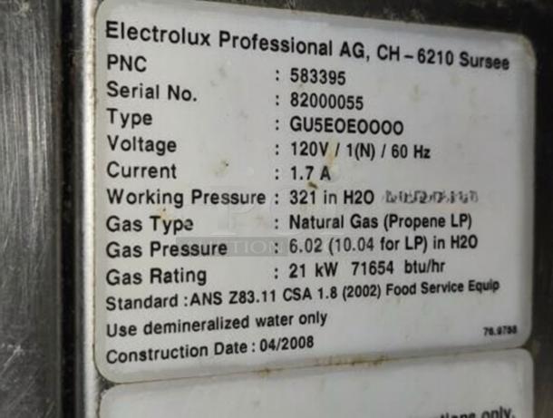 Label on Electrolux Professional CH-6210 GU5EOE0000 Tilting Boiling Pan, showing specifications and construction date: 04/2008.