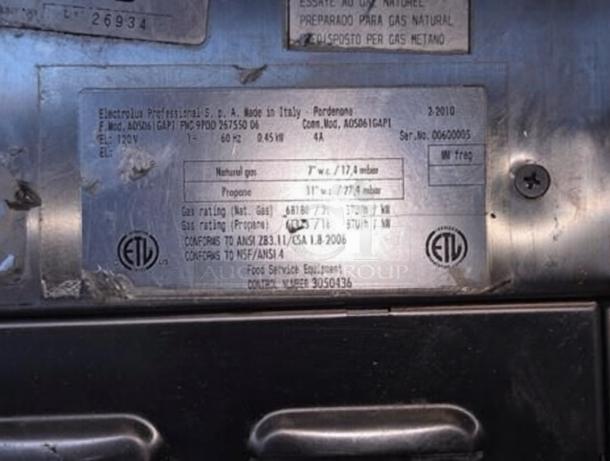 Electrolux Professional AOS061GAP1 combi oven label showing gas ratings, model details, and UL listing; made in Italy.