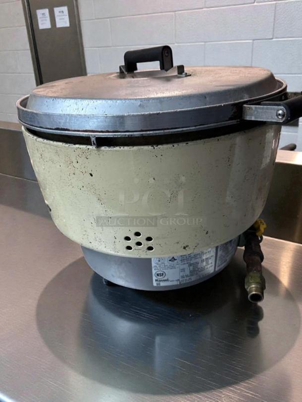 Rinnai RER-55AS-N commercial gas rice cooker, natural gas, NSF certified, fully tested, top-tier condition, model label visible.