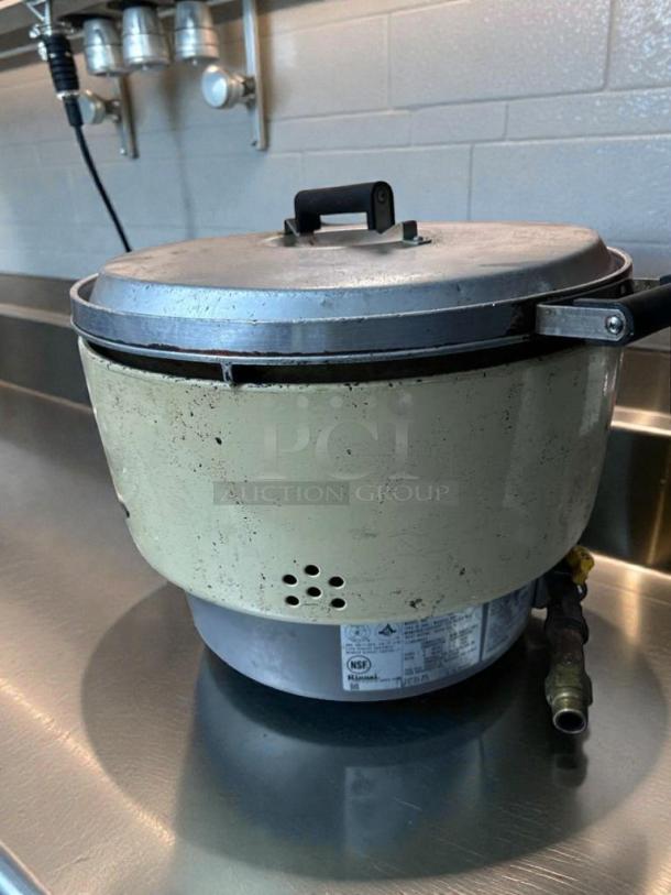Rinnai RER-55AS-N gas rice cooker, natural gas, NSF certified, fully operational, top-tier condition, visible labels.