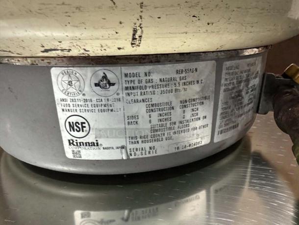 Rinnai RER-55AS-N commercial gas rice cooker, NSF certified, natural gas, fully operational, model details visible on label.