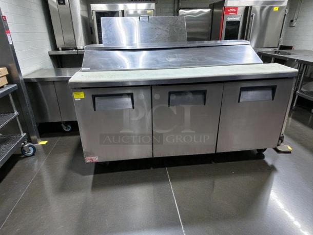 True TSSU-72-18 refrigerated prep table, 72", 3-door, stainless steel, high-grade, NSF & UL listed, tested operational.