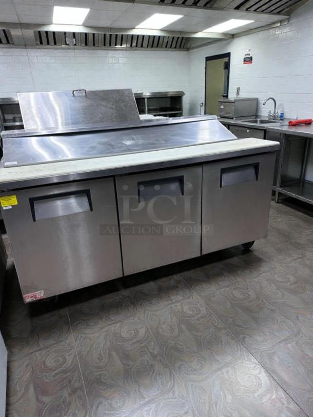 True TSSU-72-18 refrigerated prep table, 72”, 3 doors, stainless steel, high-grade condition, NSF & UL listed, fully tested.