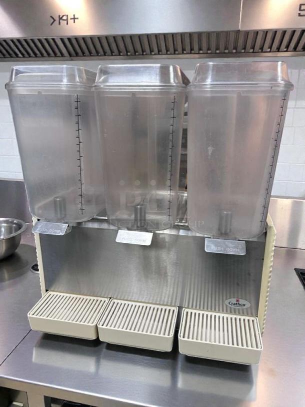 Crathco D35-4 Triple Bowl Beverage Dispenser, exceptional condition, NSF & UL listed, 115V, fully operational, stainless steel.